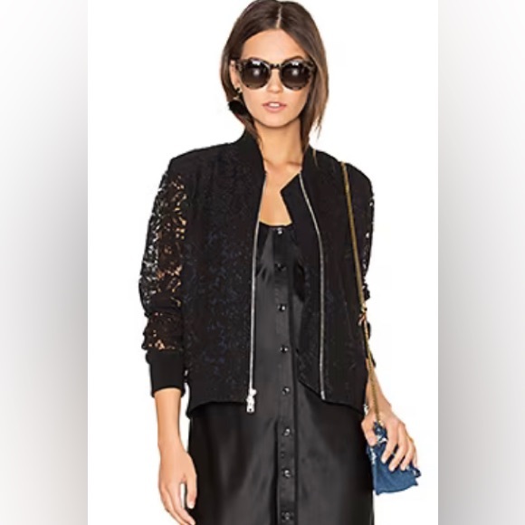 Diane von Furstenberg Kennadie Bomber Jacket Black Lace Over Navy - Picture 1 of 10